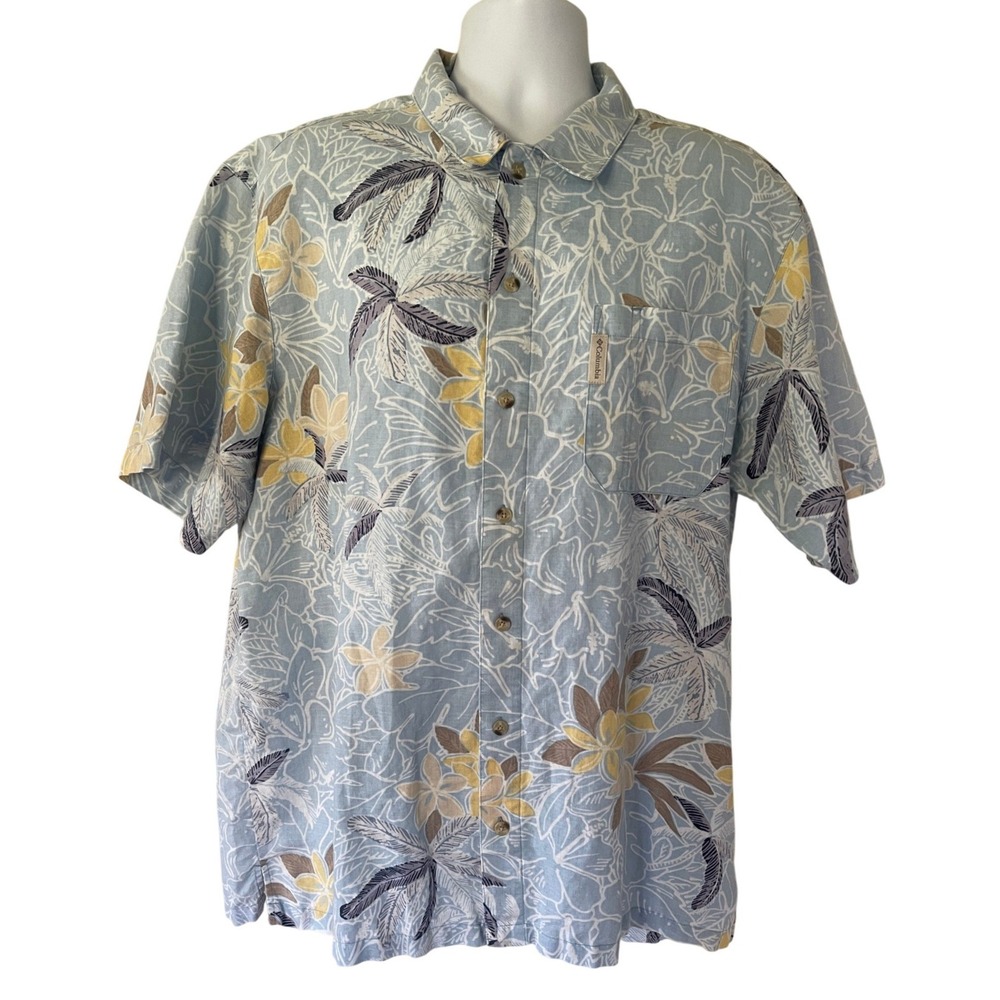 Columbia Mens XL Blue Tropical Floral Linen Cotton Short Sleeve Button Shirt